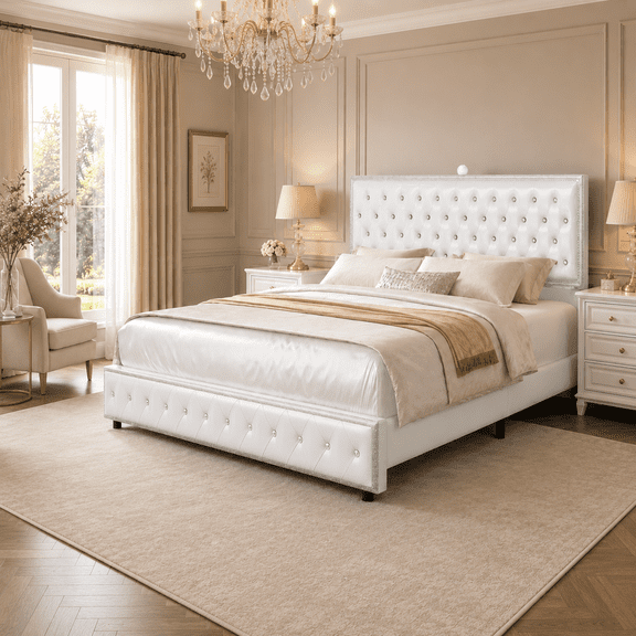 Queen Bed Frame with Starry Sky Projector, Built-in Speaker & USB Port, Crystal Tufted Upholstered Platform Bed with Adjustable Headboard, Wood Slat Support, No Box Spring Needed, PU Leather White