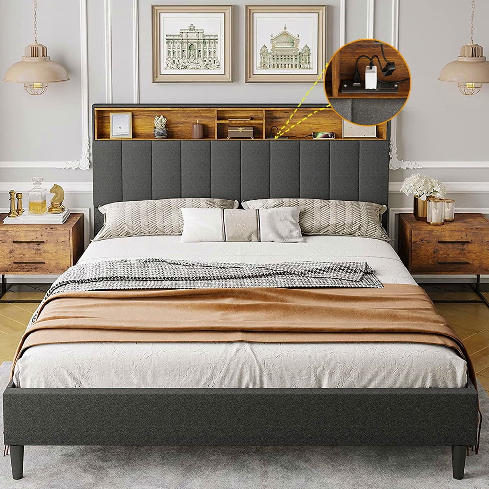 Queen Size Bed Frame with Storage Shelf Headboard, Upholstered Platform