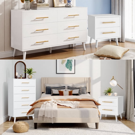 Queen Bed Frame & Storage Combo, Upholstered Platform Bed Frame with 4 Wood Dressers (2, 5, 6 Drawers), Beige & White