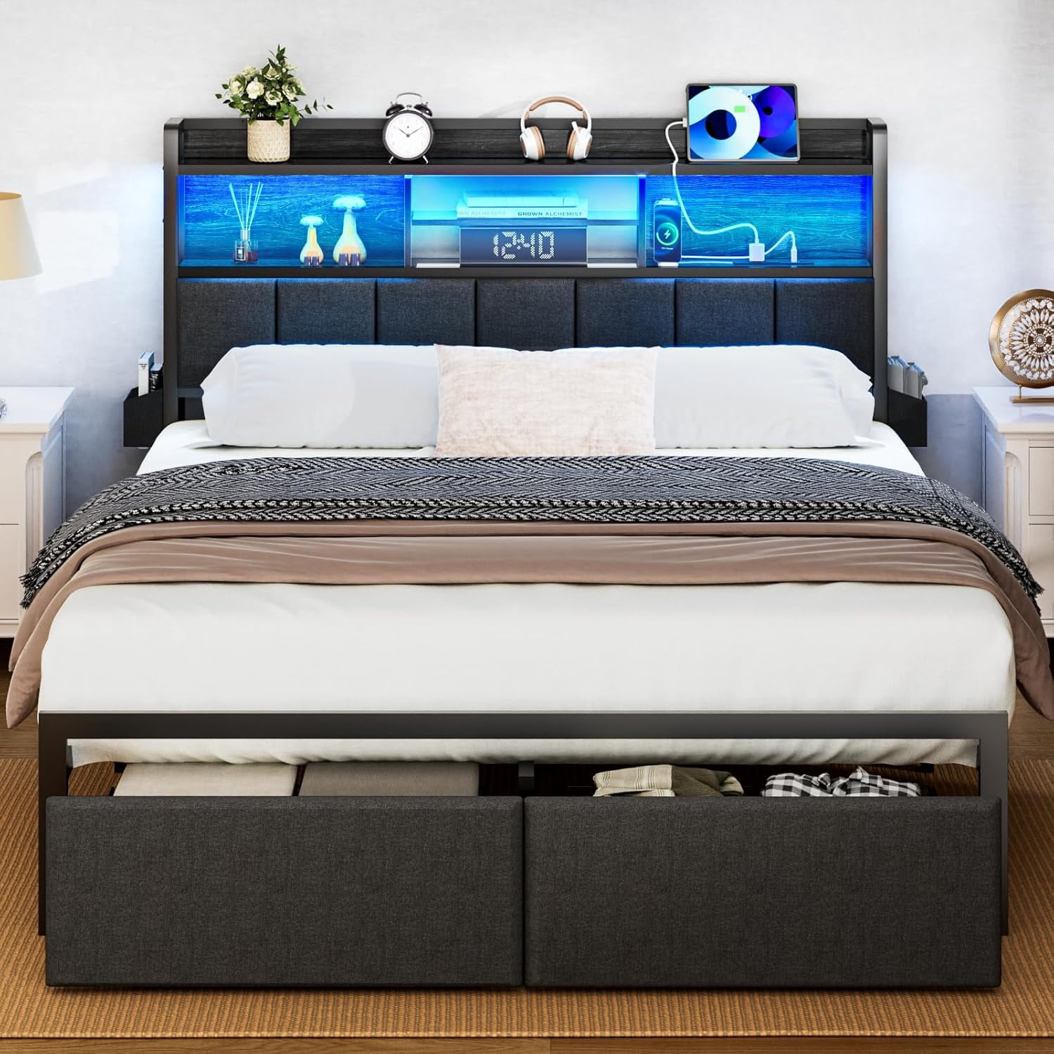 Queen Bed Frame with Storage Drawers, Upholstered Headboard with ...