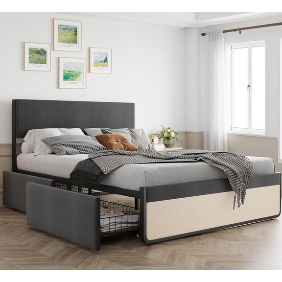 Queen Bed Frame with Storage Drawers, Upholstered Platform Bed Frame with Metal Slats Support, Under Bed Storage Mattress Foundation, No Box Spring Needed, Noise Free, Easy Assembly