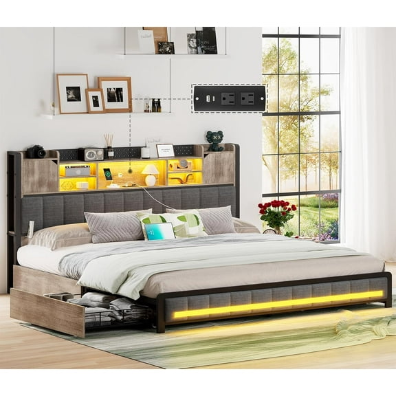 Queen Bed Frame with Storage Headboard & 4 Drawers, LED Upholstered Bed Frame Queen Size with Type-C & USB Ports, Metal Queen Platform Storage Light up Bed Frame, No Box Spring Needed, Charcoal Gray