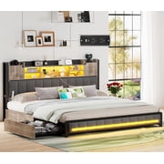 Queen Bed Frame with Storage Headboard & 4 Drawers, LED Upholstered Bed Frame Queen Size with Type-C & USB Ports, Metal Queen Platform Storage Light up Bed Frame, No Box Spring Needed, Charcoal Gray