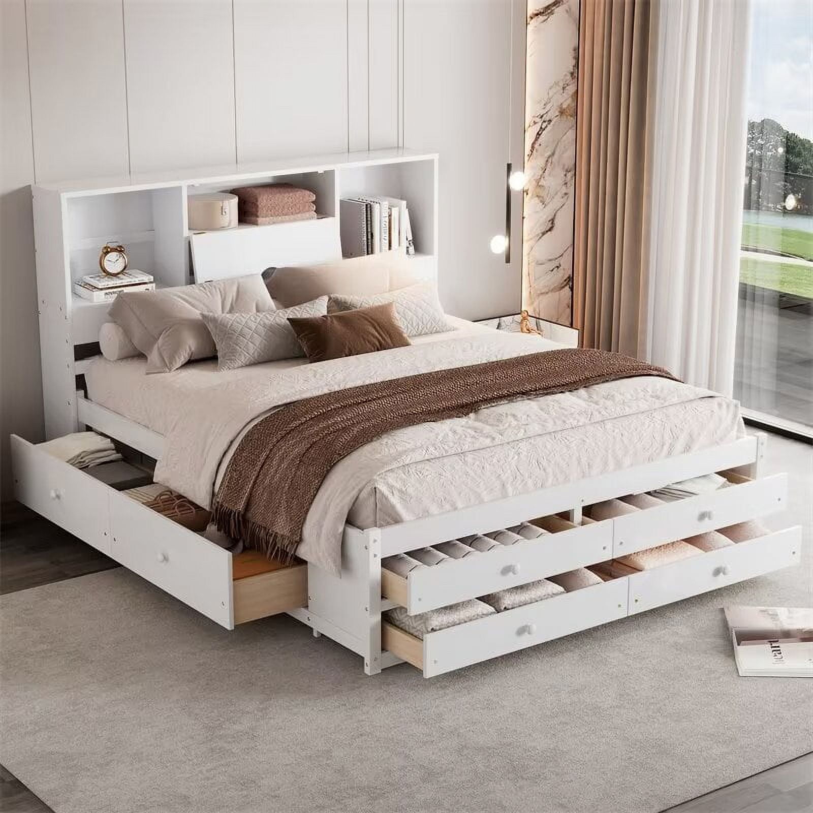 White wood queen bed frame with storage discount