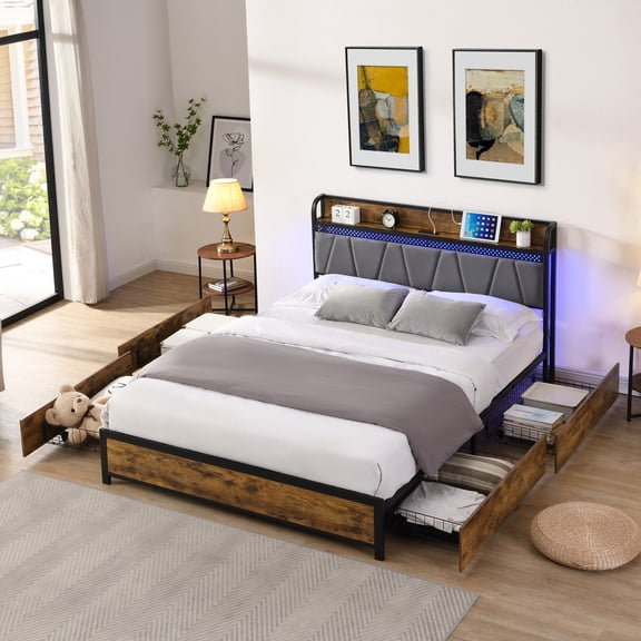 Queen Bed Frame With Storage Headboard, Charging Functionality, 4 Drawers, Led Lights, Brown Shade Size Headboard Storage, 2 Outlets & , , Brown Gray Color