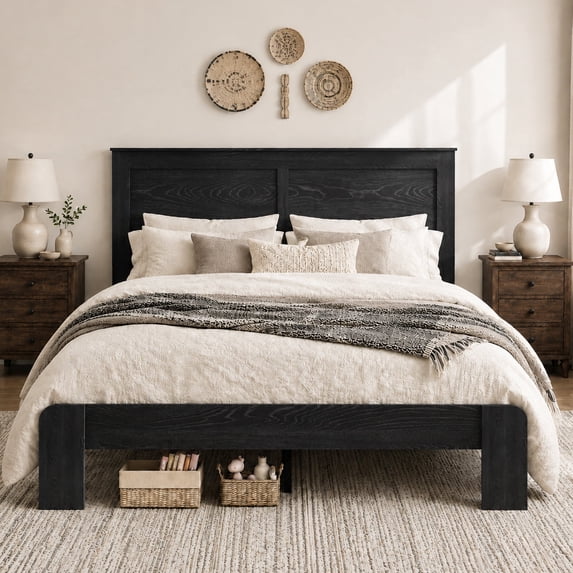 Queen Bed Frame for 800lbs Weight Capacity, Farmhouse Wooden Queen Platform Bed with Headboard, Wood Slat Support, No Box Spring Needed, Easy Assembly, Black