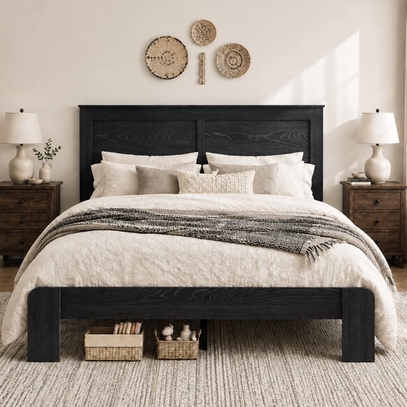 Queen Bed Frame for 800lbs Weight Capacity, Farmhouse Wooden Queen Platform Bed with Headboard, Wood Slat Support, No Box Spring Needed, Easy Assembly, Black