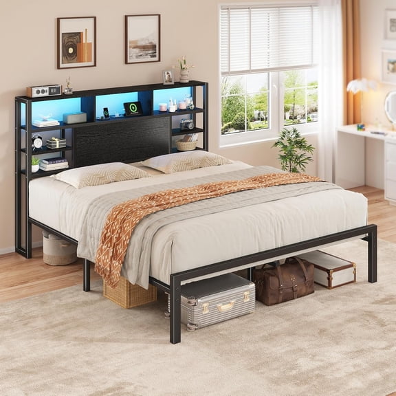 Queen Bed Frame with Storage Headboard and Charging Station,Heavy Duty Metal Platform Bed Featuring LED Lights and 1100 LBS Capacity, Providing No Box Spring Needed and Easy Assembly,Black