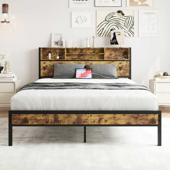 Queen Bed Frame with Storage Headboard & Charging Station, Metal Platform Bed with Bookcase Shelves, No Box Spring Required, Quiet Assembly Design, Black Modern Bedroom Furniture
