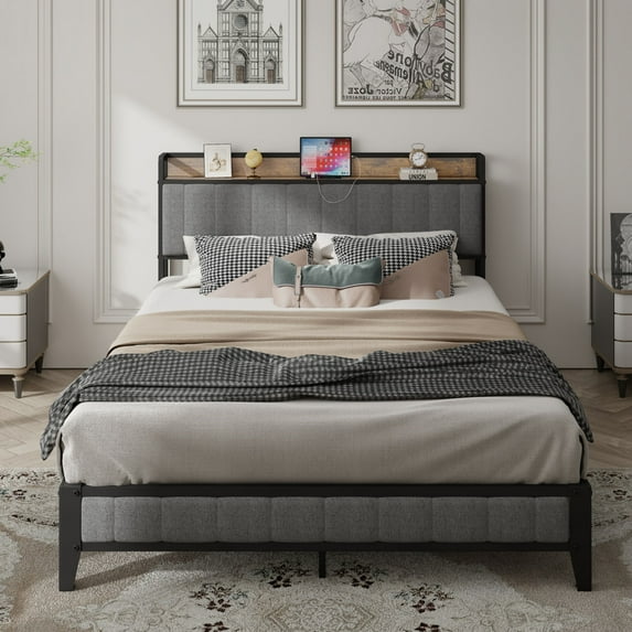 Queen Bed Frame,Storage Headboard with Charging Station,Solid and Stable,Noise Free,No Box Spring Needed,Easy Assembly,Metal Platform Queen Size Bed Frame,86.3"x62"x40.5",Dark Gray