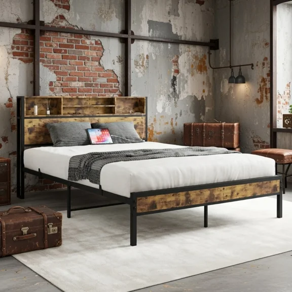 Queen Bed Frame with Storage Headboard & Charging Station, USB Platform Bed with Bookcase, No Box Spring Needed, Industrial Style for Small Space, Brown
