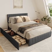 Queen Bed Frame Storage Headboard, Metal Platform Bed with Charging Station and LED Lights,Upholstered Wingback Platform Bed with Wooden Slats,Noise-Free,No Box Spring Needed,Bedroom