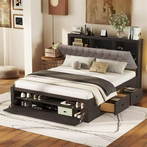 Queen Bed Frame with Storage Headboard, Shoe Rack and 4 Drawers, Wooden Platform Bed with Upholstery Headboard and Slats Support, No Box Spring Needed, Easy Assembly, Espresso