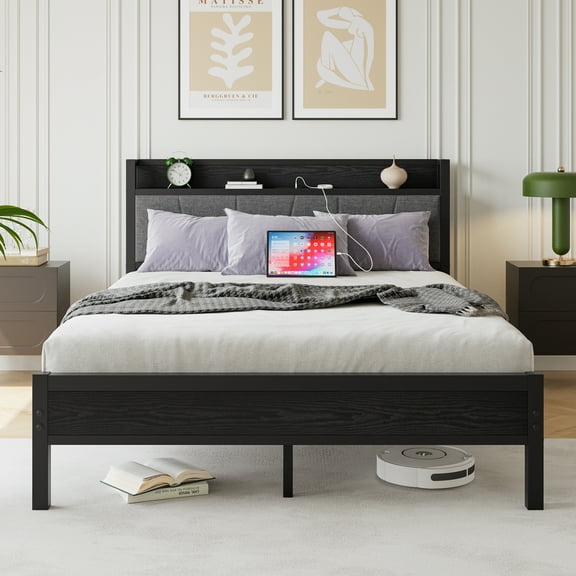 Queen Bed Frame with Storage Headboard/USB Charging Station,Heavy Duty Metal Upholstered Single Platform Queen Size Bed Frame,No Box Spring Needed,Heavy Duty Metal Slats,86.5"x59.7"x38.8",Brown