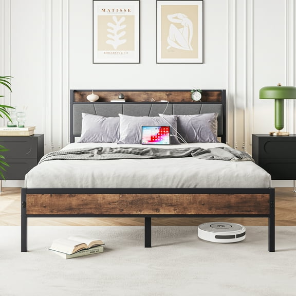 Queen Bed Frame with Storage Headboard/USB Charging Station,Heavy Duty Metal Upholstered Single Platform Queen Size Bed Frame,No Box Spring Needed,Heavy Duty Metal Slats,86.38"x59.45"x38.78",Brown