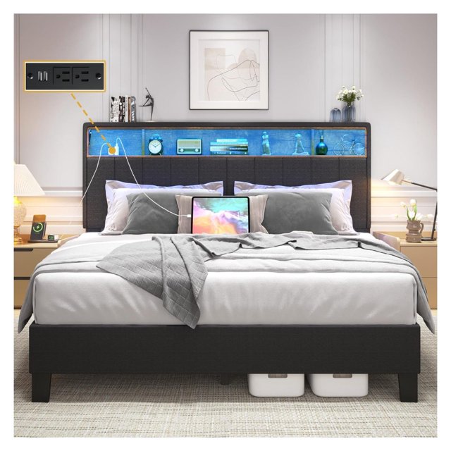 Queen Bed Frame with Storage Headboard, Upholstered Queen Bed Frame