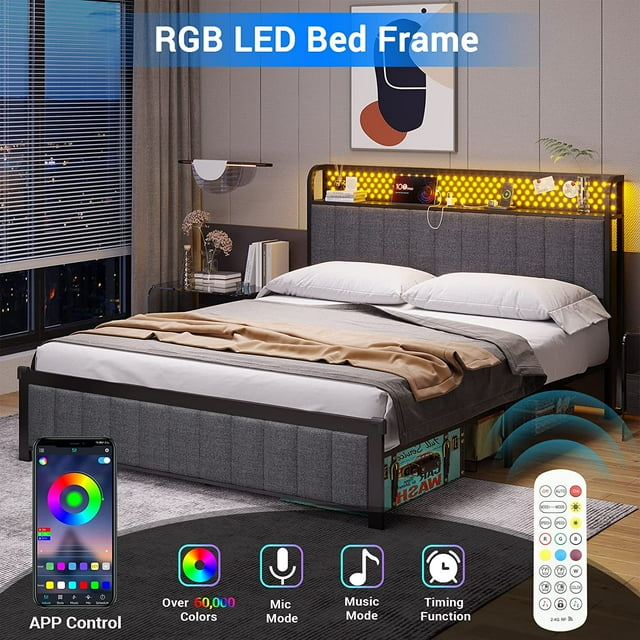 Queen Size LED Bed Frame with Storage, Upholstered Metal Platform, USB Ports & Charging Outlets