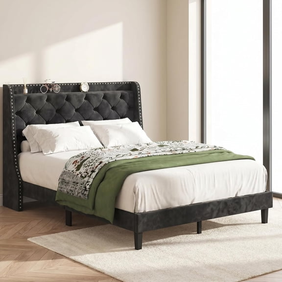 Queen Bed Frame with Storage Headboard, Velvet Upholstered Platform Bed Frame with Wingback Tufted Headboard, Noise Free Wood Slat Support, No Box Spring Needed, Easy Assembly, Black