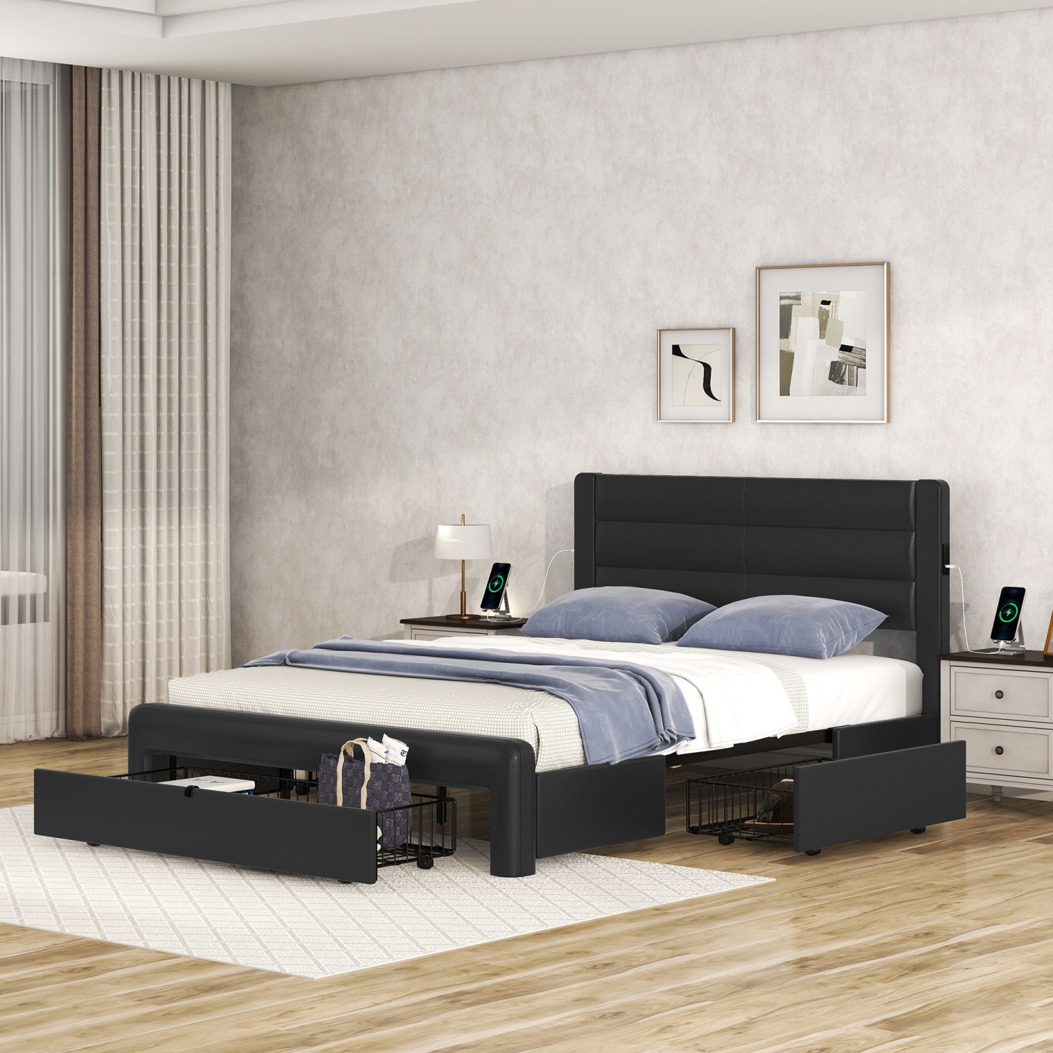 Queen Bed Frame with Storage, Leather Upholstered Platform Bed Frame