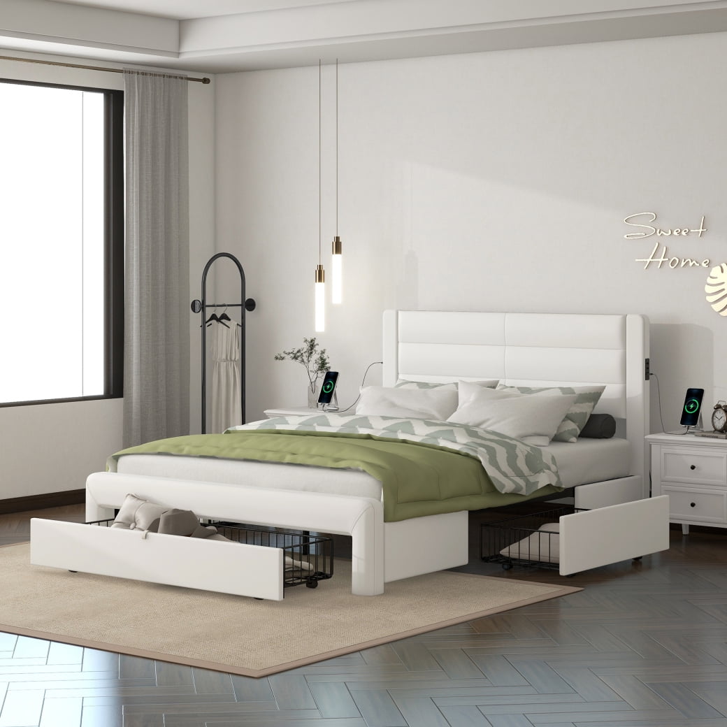 Queen Bed Frame with Storage, Leather Upholstered Platform Bed Frame