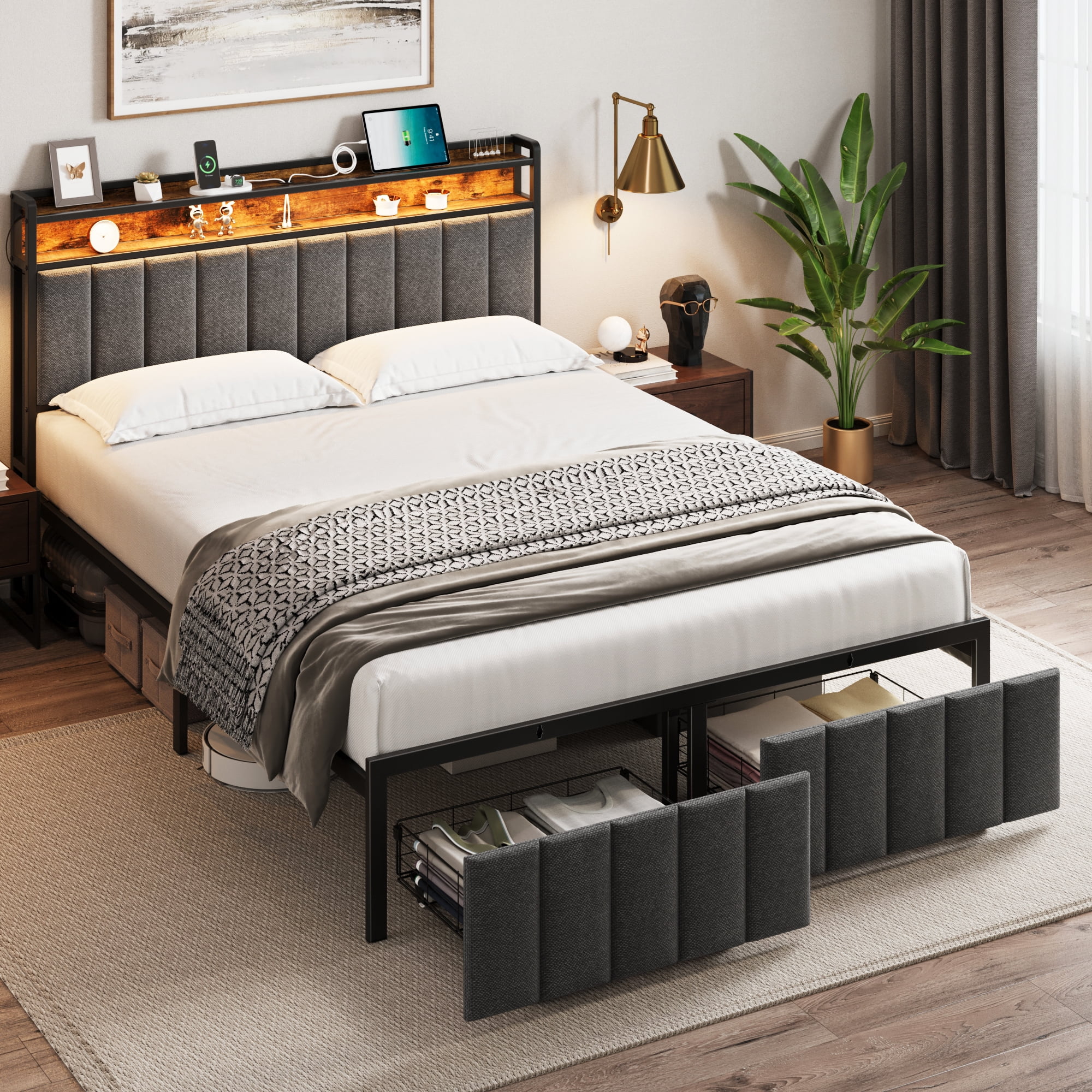 Queen Bed Frame with Storage, Upholstered Bed Frame with LED Lights Headboard and 2 Drawers, Queen Size Bed Frame with Charging Station, Noise-Free, No Box Spring Needed, Easy Assembly, Grey