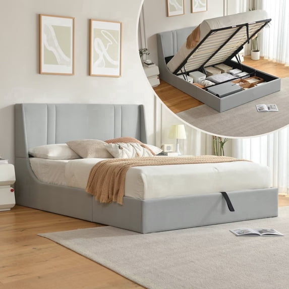 Zanmintaobo Queen Upholstered Platform Bed Frame,Lift up Storage,Linen Wingback Headboard,Wood Slats,No Box Spring Needed,Easy Assembly,Gray
