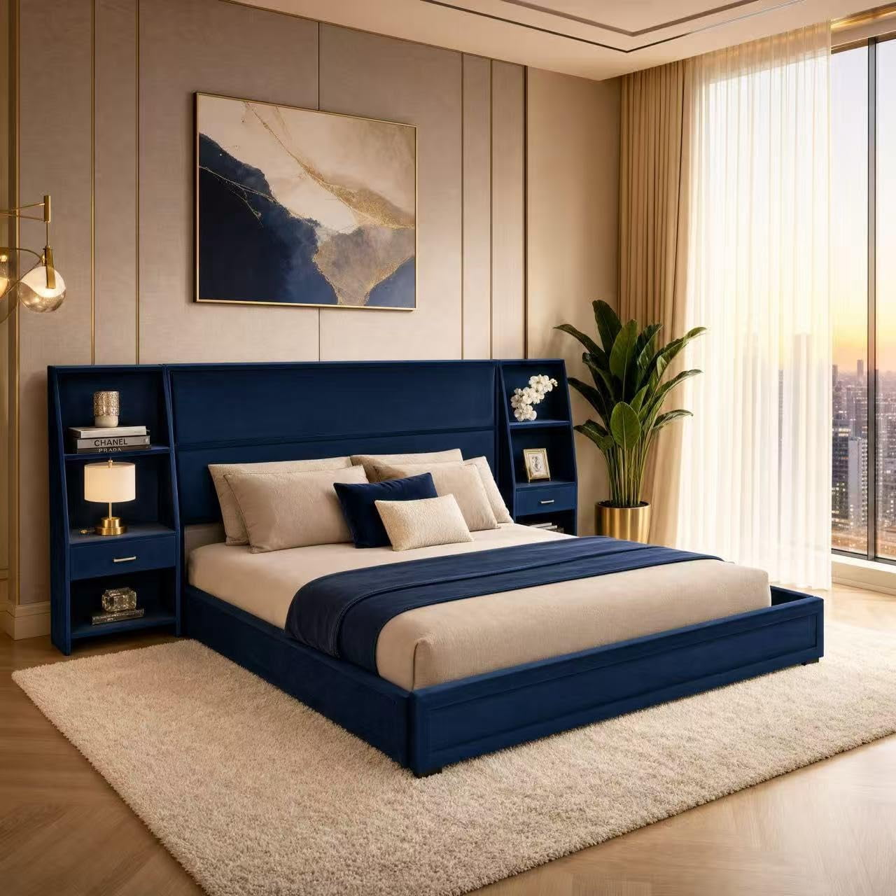 Queen Bed Frame with Storage, Velvet Platform Bed with Headboard, Blue | Upholstered Wooden Bed with Back, Heavy Duty Wooden Slats, No Box Spring Needed, Noise-Free, for Apartment, Easy Assembly
