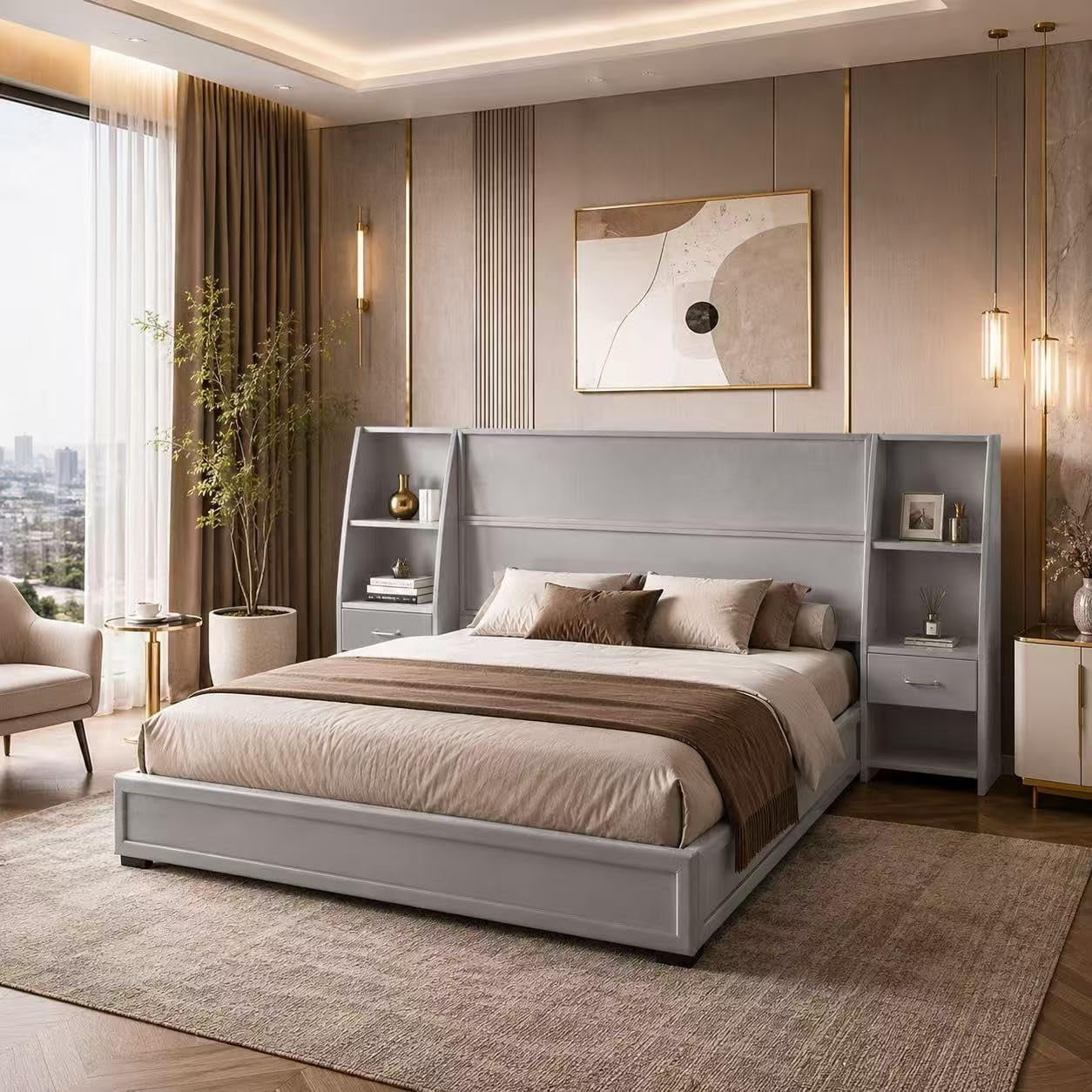 Queen Bed Frame with Storage, Velvet Platform Bed with Headboard, Gray | Upholstered Wooden Bed with Back, Heavy Duty Wooden Slats, No Box Spring Needed, Noise-Free, for Apartment, Easy Assembly