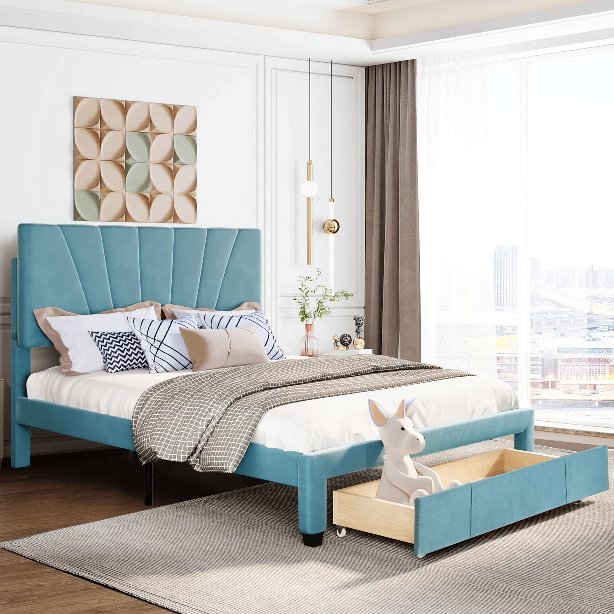 Modern bed with online headboard