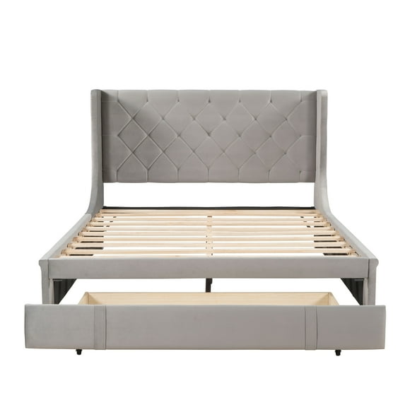 Queen Bed Frame with Storage, Velvet Upholstered Platform Bed with Headboard and Drawer, Wood Slat Support, Modern Bedroom Furniture Queen Size Bed Frame for Adults, No Box Spring Needed, Gray