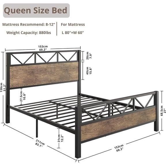 Queen Bed Frame, Tall Industrial Headboard 51.2" Platform Bed Frame with Strong Metal Support, Rustic Maple