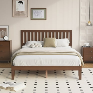 Telino Queen Bed Frame, Queen Wood Platforms Bed Frame with Wooden Slats Support, No Box Spring Needed, Pine