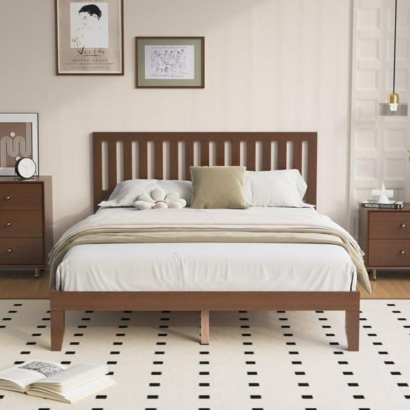 Telino Queen Bed Frame, Queen Wood Platforms Bed Frame with Wooden Slats Support, No Box Spring Needed, Pine