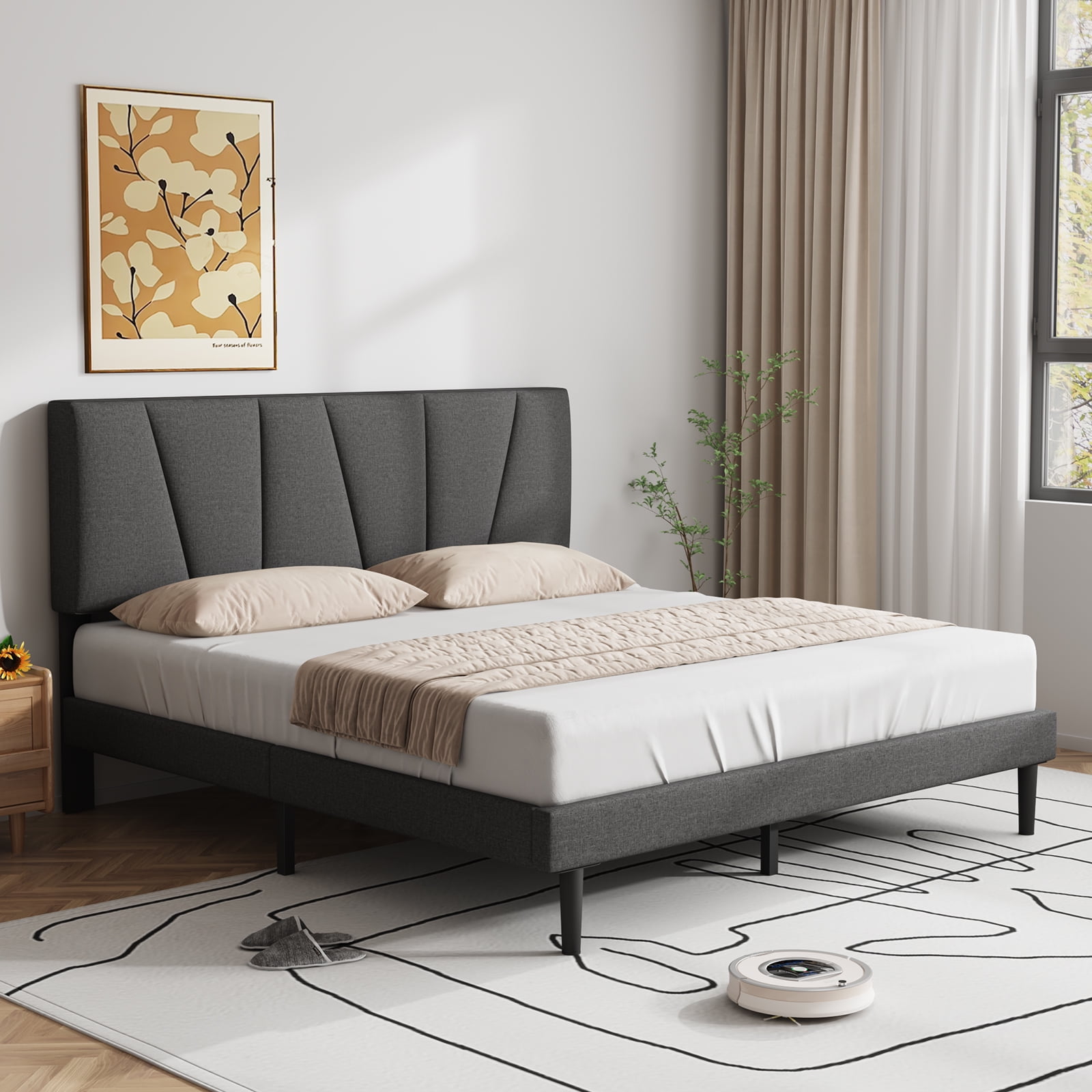 Telino Queen Bed Frame, Queen Wood Platforms Bed Frame with Wooden Slats Support, No Box Spring Needed, Pine