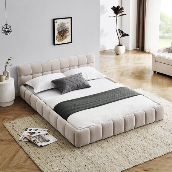 Holaki Queen Upholstered Platform Bed Frame with Headboard, Thick Chenille Fabric Low Profile Bed, Soft Padded Bed Frame with Solid Support, No Box Spring Needed, Queen Size, Beige