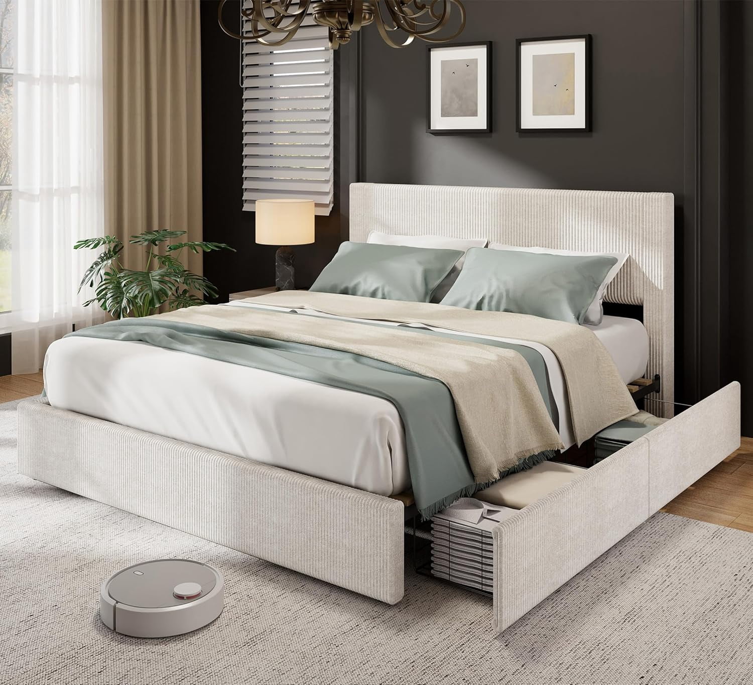 Queen Bed Frame with Tufted Wingback Headboard, Platform Corduroy Upholstered Bed Frame with 4 Storage Drawers and Wooden Slats Support, No Box Spring Needed, Beige