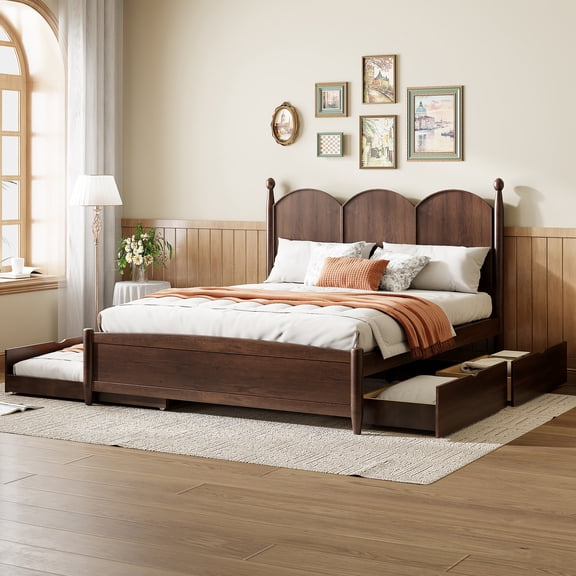 Queen Bed Frame With Twin XL Size Pull Out Trundle And Headboard, Wood Platform Bed With 2 Storage Drawers For Bedroom, No Box Spring Required, Easy Assembly