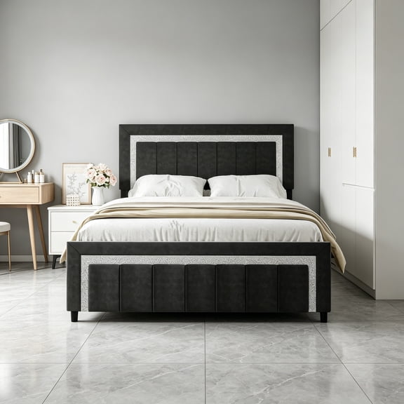 4 EVER WINNER Full Bed Frame, Velvet Upholstered Bed Frame with Diamond Headboard, Black Full Size Bed Frame, Black