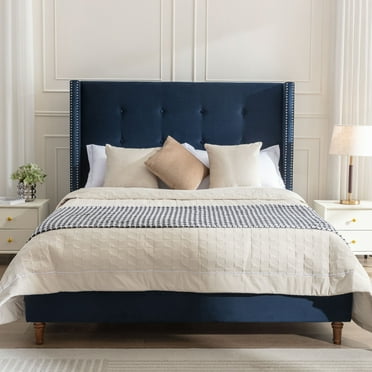 Queen Bed Frame Upholstered Bed with Tall Headboard, Velvet Platform Bed Queen Size, No Box Spring Needed, Easy Assembly, Blue