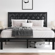 Queen Bed Frame with Upholstered Button Tufted Headboard, Bed Frame Platform Metal Slats Support, Under Bed Storage, No Box Spring Needed, Noise-Free, Easy Assembly, Black