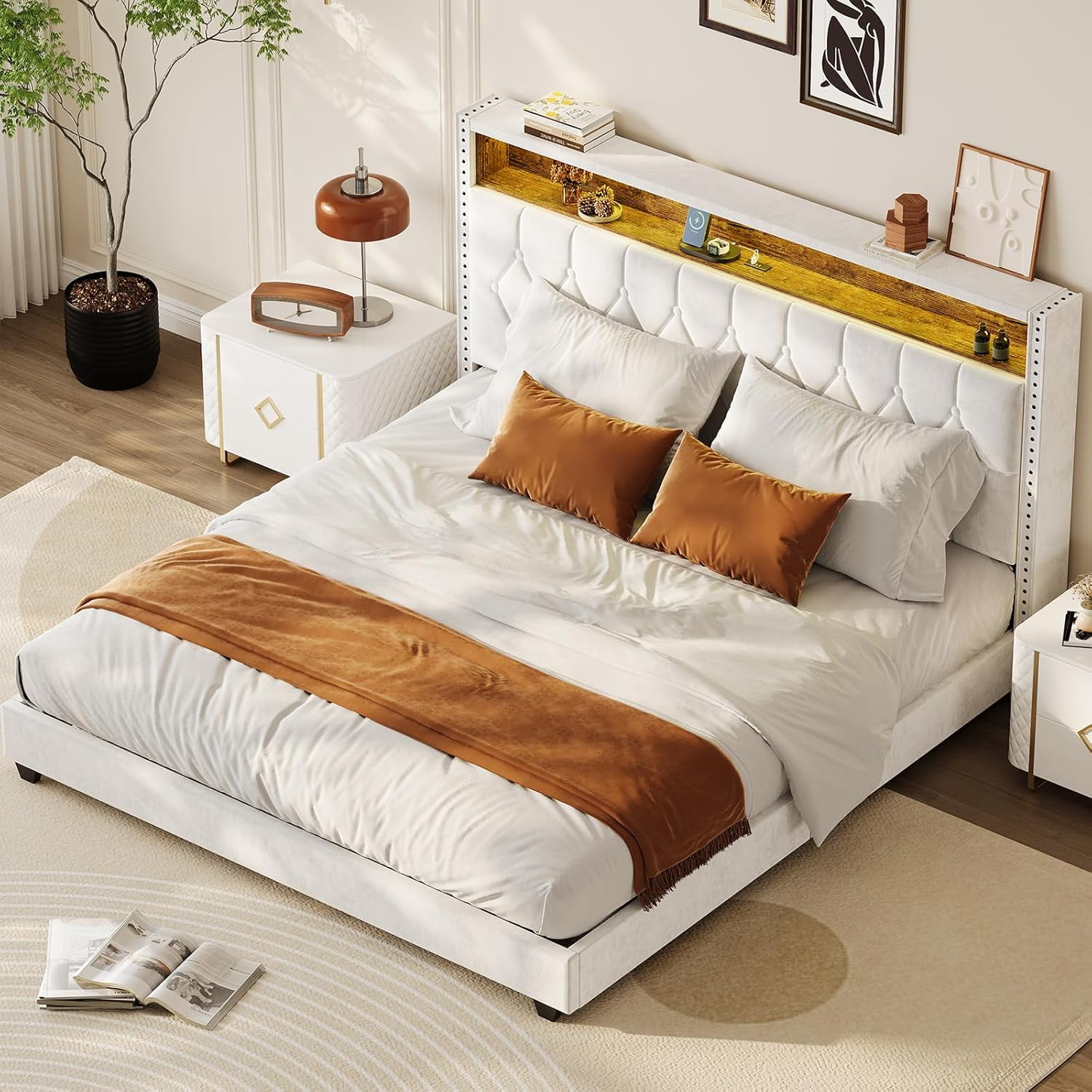 Queen Bed Frame, Upholstered Headboard Platform Bed with Charging ...