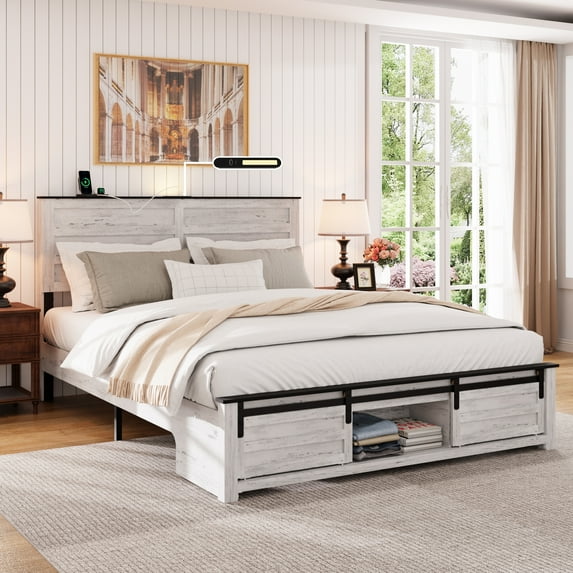 Queen Bed Frame with Upholstered Headboard and Wood Platform, Storage Headboard with Charging Station and LED, Bed Frame with Pet Bed, No Noise, No Box Spring Needed, Easy Assembly, Antique White