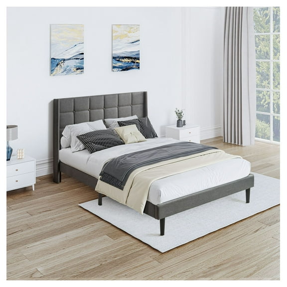Queen Bed Frame Upholstered, Modern Platform Bed with Button Tufted Headboard, No Box Spring, Wood Slat Support, Easy Assembly, Dark Grey