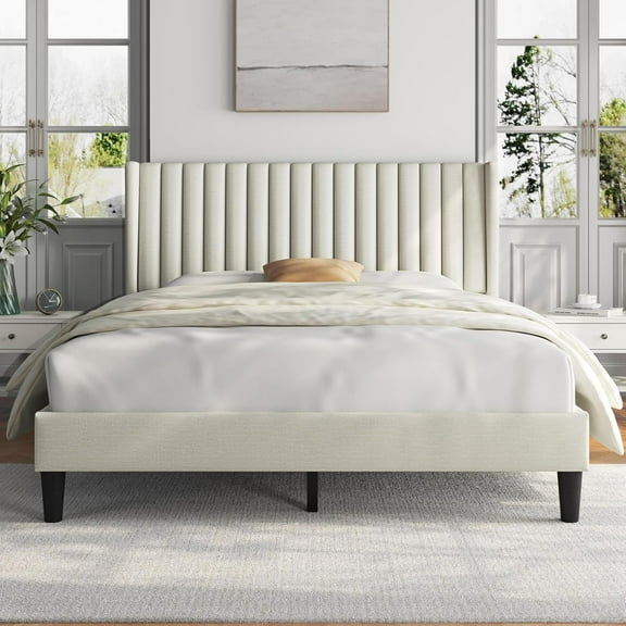 Queen Bed Frame Upholstered Platform Bed with Fabric Headboard, Wing Edge Design/Non-Slip and Noise-Free/Wooden Slats Support/No Box Spring Needed/Easy Assembly, Ivory Queen Bed