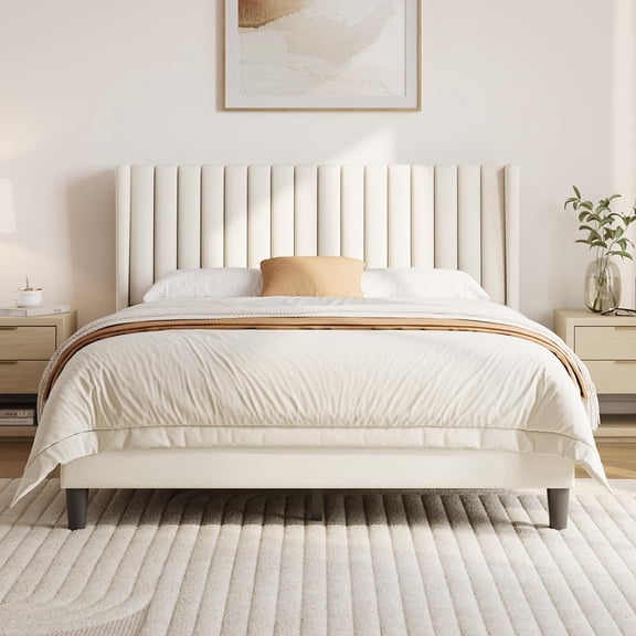 Queen Bed Frame Upholstered Platform Bed with Fabric Headboard, Wing Edge Design/Non-Slip and Noise-Free/Wooden Slats Support/No Box Spring Needed/Easy Assembly, Ivory Queen Bed