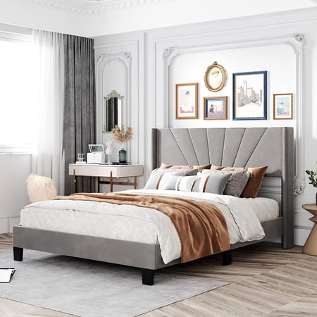 Harper & Bright Designs Queen Bed Frame, Upholstered Platform Bed with Tufted Headboard, Wood Slat Support, Linen Fabric Grey