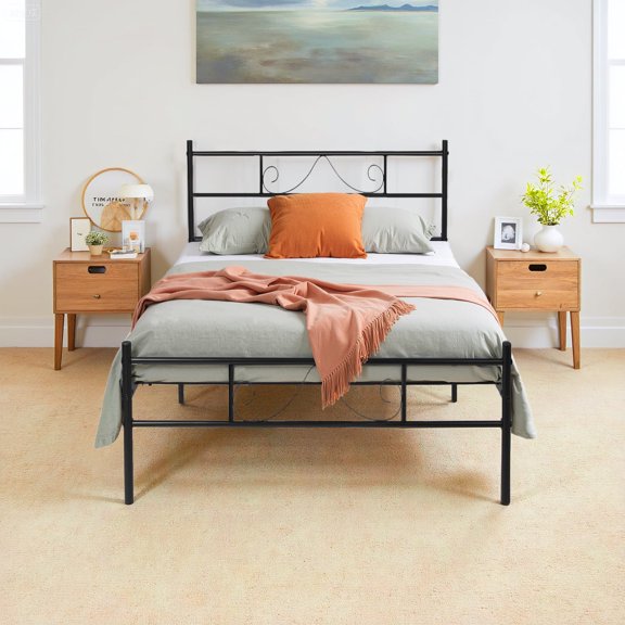 Twin Bed Frame, Twin Size Metal Platform Bed Frame with Headboard, Metal Slats Support, No Box Spring Needed, Foot Protectived, Black