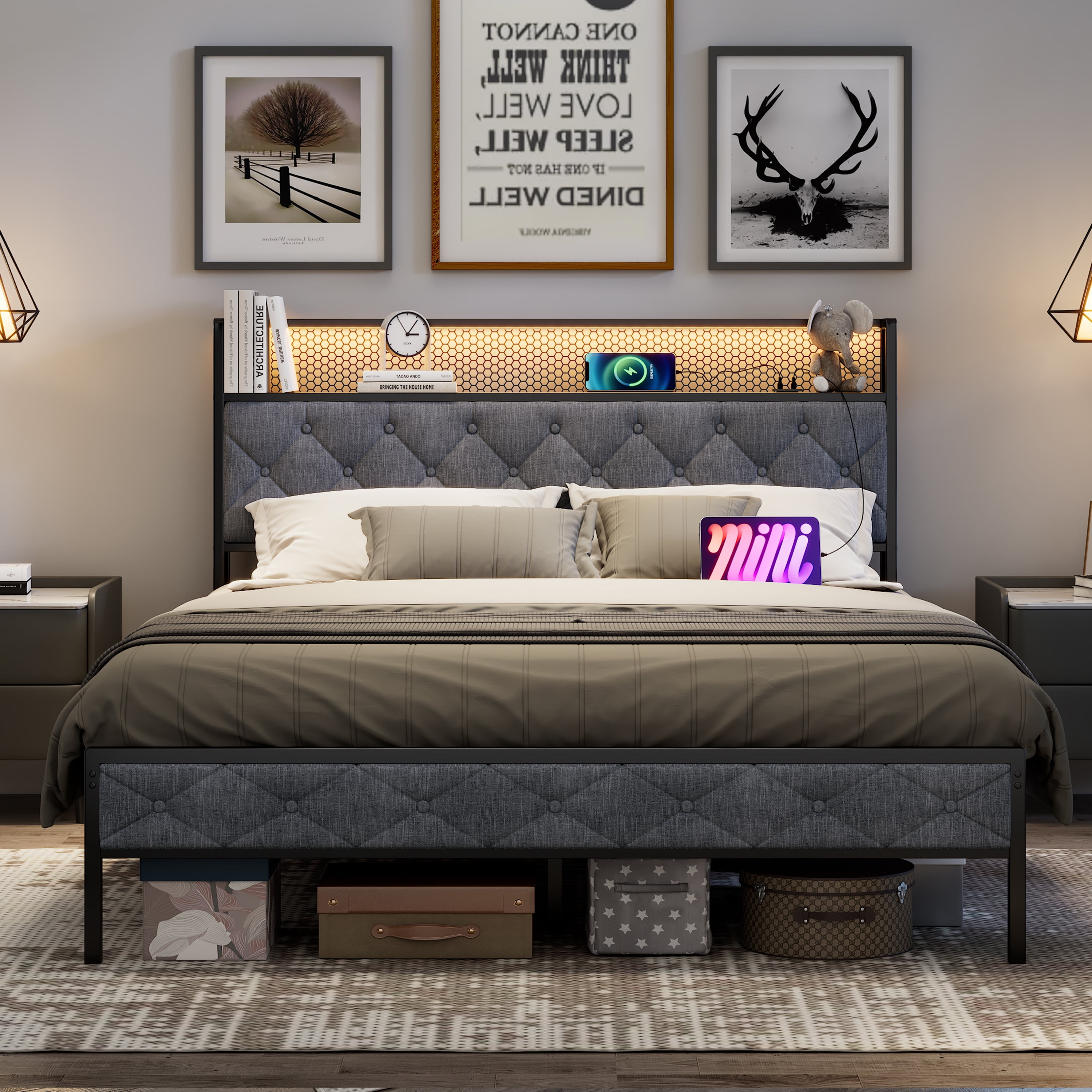 Gray Upholstered Queen Bed Frame with LED Headboard and Storage