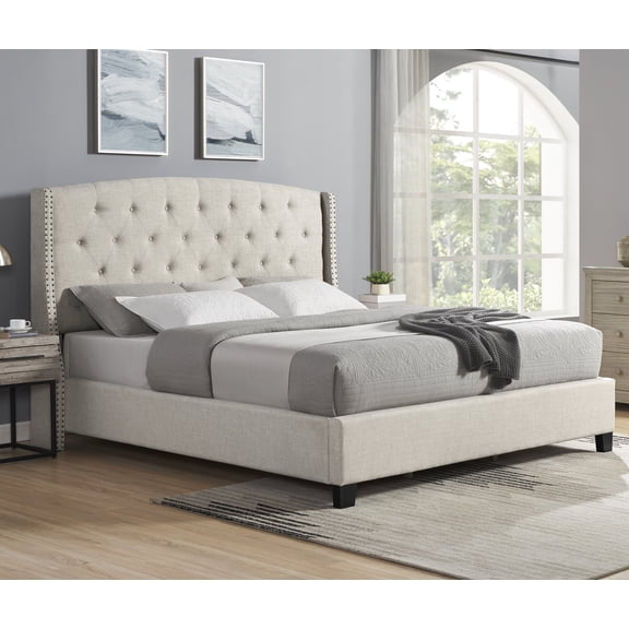Queen Bed Frame, Upholstered Wingback Bed with Button Tufting and Nailhead Trim, Linen-like Polyester Fabric and Engineered Wood, Beige, 70"W x 86"D x 56"H for Contemporary Bedroom