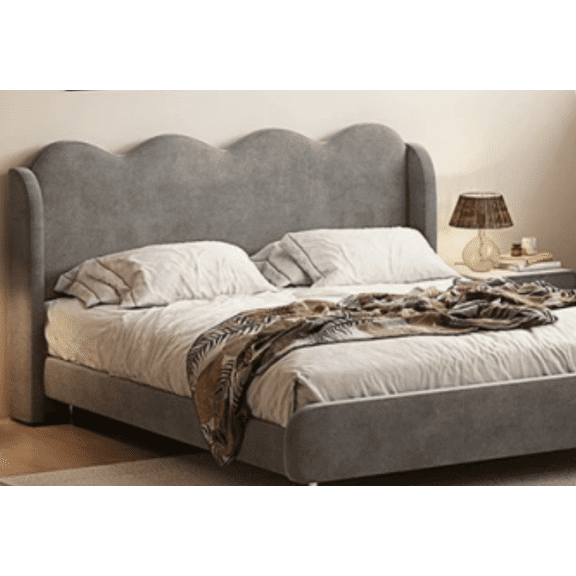 Queen Bed Frame, Upholstered Wingback Platform with with Scalloped Edges, Modern Minimalist Design Bed Frame with Plush Velvet Fabric, Tall Tufted Headboard, Tool-Free Assembly, Black